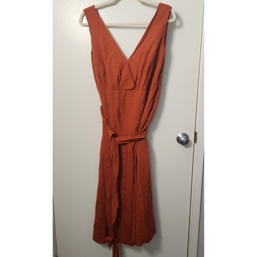 Ashley Stewart Sz‎ 22 Linen Rayon Burnt Orange Midi Dress Sleeveless Milkmaid
